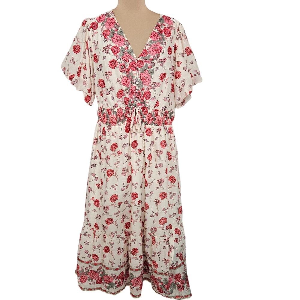 LEA Floral V-Neck Maxi Dress Cream Rose Boho Cottagecore 2X Flowy Cotton‎